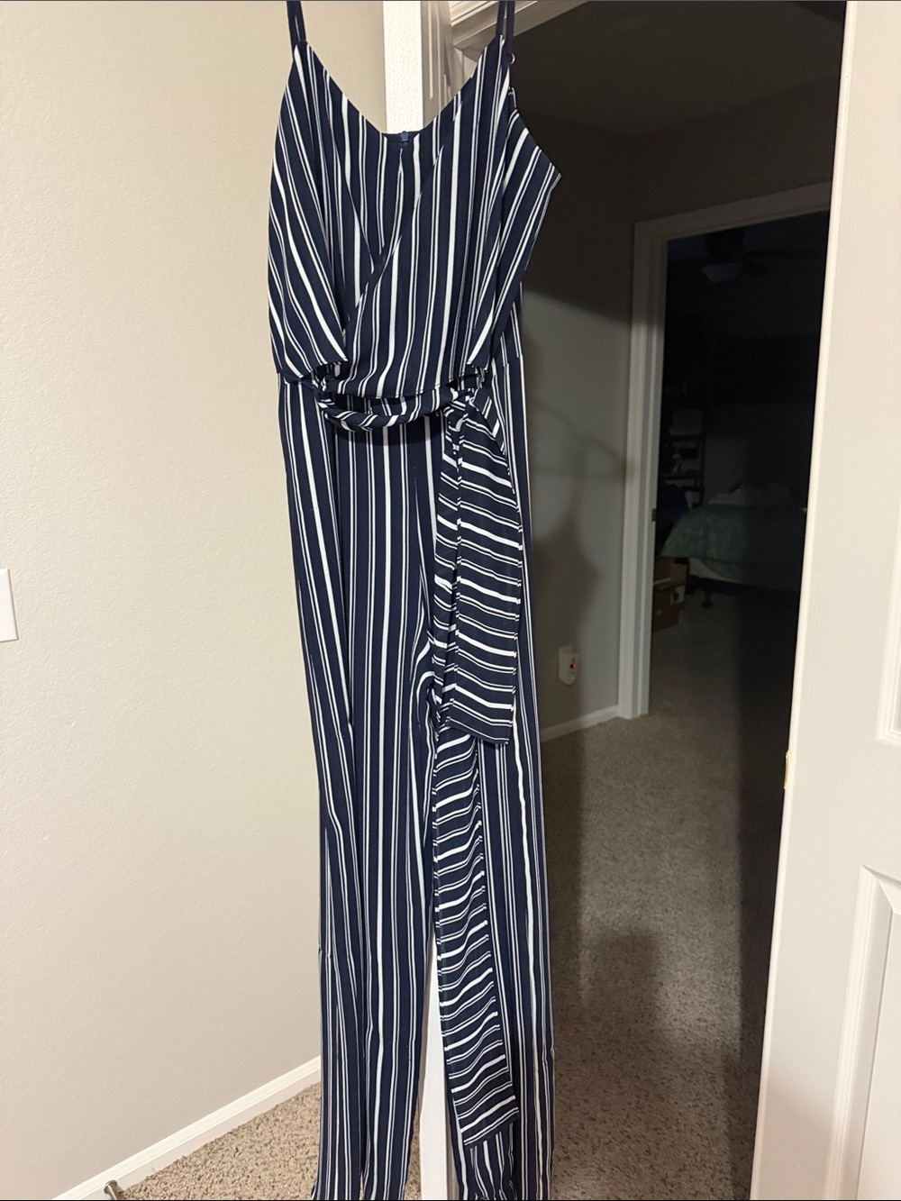 Aryeh Navy and White Striped Tie-Waist Jumpsuit